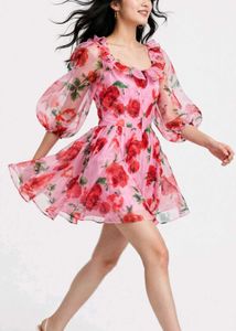 Korean Pink Floral Organza Dress