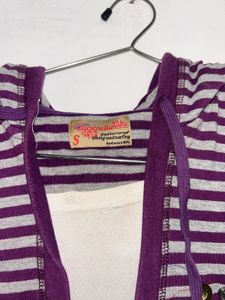 Purple &amp; grey striped hoodie tee (S)