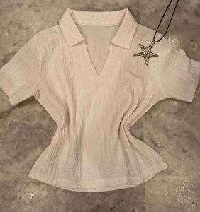 Cream Textured V-Neck Top