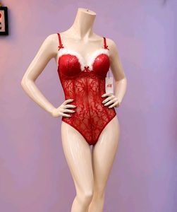 Red Lace Teddy with Fur Trim