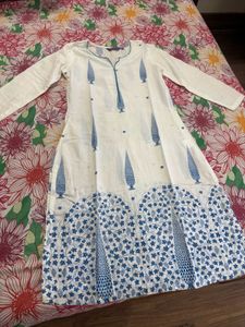 White Kurta with Blue Block Print