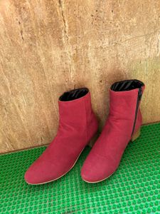 Ankle Length Red Boots With Block Heels