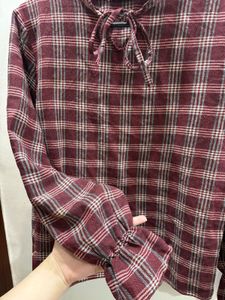 Korean Style Maroon Checkered Tie-Neck