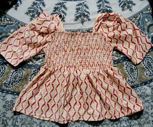 Smocked Puff Sleeve Blouse with Tassel Tie