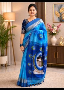 Stunning Blue Cotton Saree with Peacock Motif