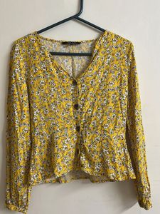 Yellow Floral Button-Up Blouse