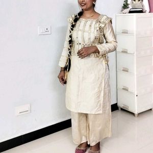 Elegant Cream Kurta Set with Palazzos, Shrug
