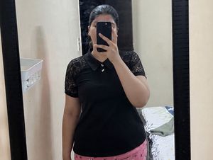 Chic Black Lace Sleeve Polo T-Shirt