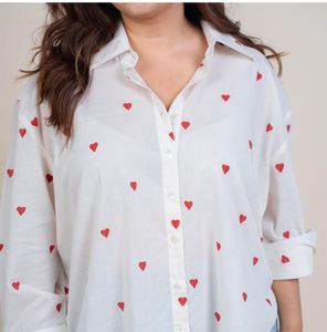 Chic White Heart Print Button-Up Shirt