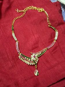 Gold Plated Necklace with pink and green stone