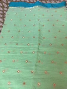 Light Green Saree with Pink &amp; Blue Blouse
