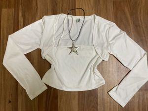 White Y2K Long sleeve Crop Top with Attached Shrug