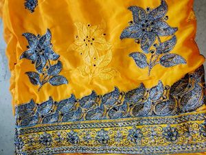 Yellow Saree with Blue Embroidery