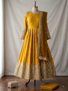 Exquisite Yellow Embroidered  gawn Set