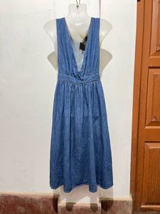 Denim Midi Dress with Tie Neck