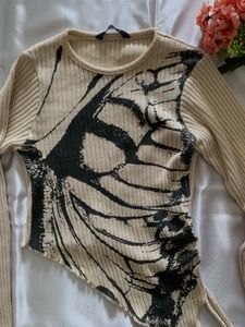 Butterfly Print Ruched Long Sleeve Top