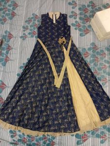 Designer Navy Blue Gown with Floral Detail