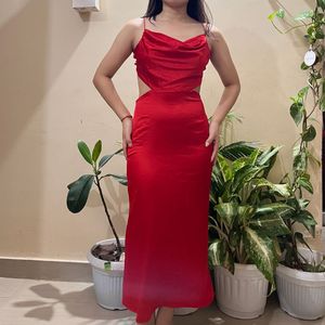 Red Satin Cutout Maxi Dress