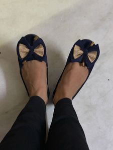 Navy Blue Ballerinas with Gold Bow