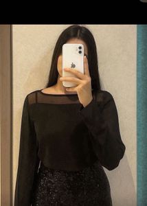 Chic Black Sheer Neckline Top