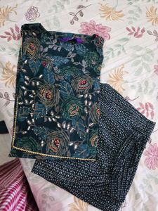 Libas Teal Botanical Print Embellished Kurta Set