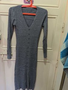 Grey Ribbed Button-Up Cardigan Dress
