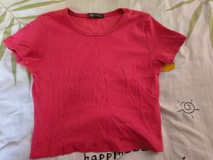 Pink Ribbed Cropped T-Shirt