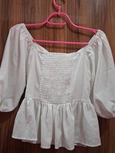 White Puff Sleeve Ruched Front Top