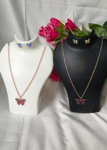 Delicate Chain Metal Combo Pink Necklace Eyerring