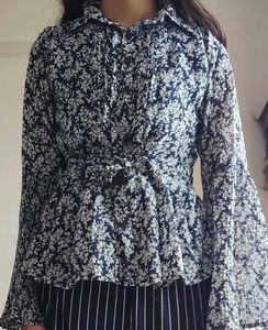 Dark Blue Color Floral Print Top