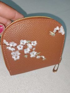 Floral Embroidered Brown Wallet