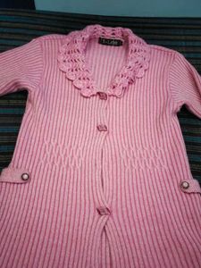 Pink Knitted Cardigan with Crochet Trim