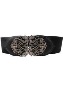 Elegant Black Elastic Belt with Ornate Buckle