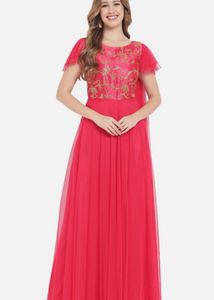 Pink Embellished Net Maxi Dress