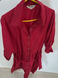 Chic Red Button-Up Belted Dress