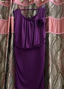 Elegant Purple Ruched Dress with Floral Accent