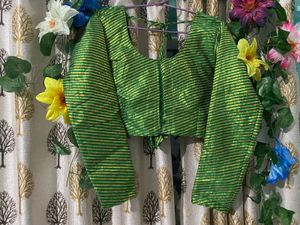 Green &amp; Gold Striped Saree Blouse