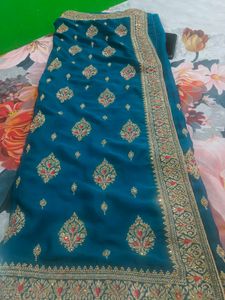 Elegant Teal Embroidered Saree