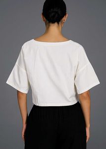 Cream Cropped V-Neck Top with Bow Pocket