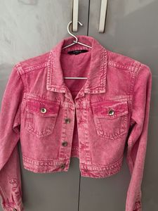 Pink Cropped Denim Jacket