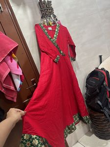 Red Anarkali Kurta with Green Embellishments