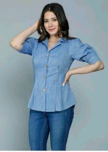 Blue Denim Style Button-Down Top | Casual Wear