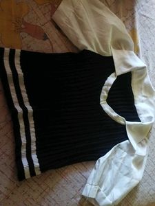 Chic V-Neck Sweater Vest &amp; Puff Sleeve Shirt