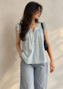 Light Blue Ruffled Sleeves Button-Up Top