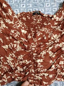 Brown Floral Ruched Long Sleeve Top