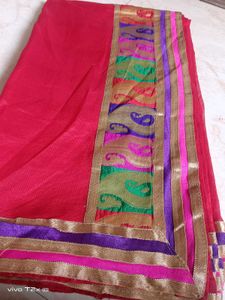 Vibrant Red Saree with Colorful Border