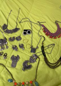 Boho Oxidized Silver & Pink Necklace Set