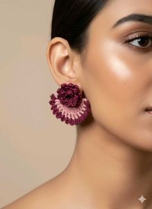 floral pink and leaf Handmade Crochet  Earrings
