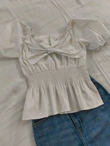 White Smocked Bow Blouse