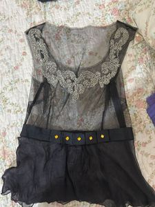 Sheer Embellished Black Tunic Top